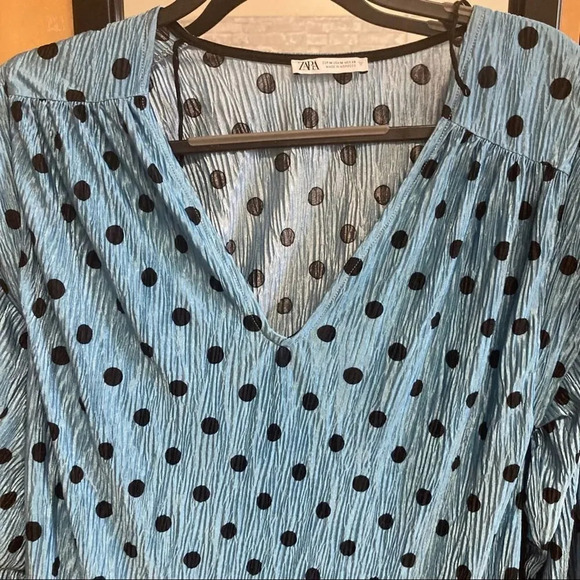 ZARA Polka Dot Mini Dress Blue & Black Ruffle Shoulders V Neck Medium - Picture 4 of 5